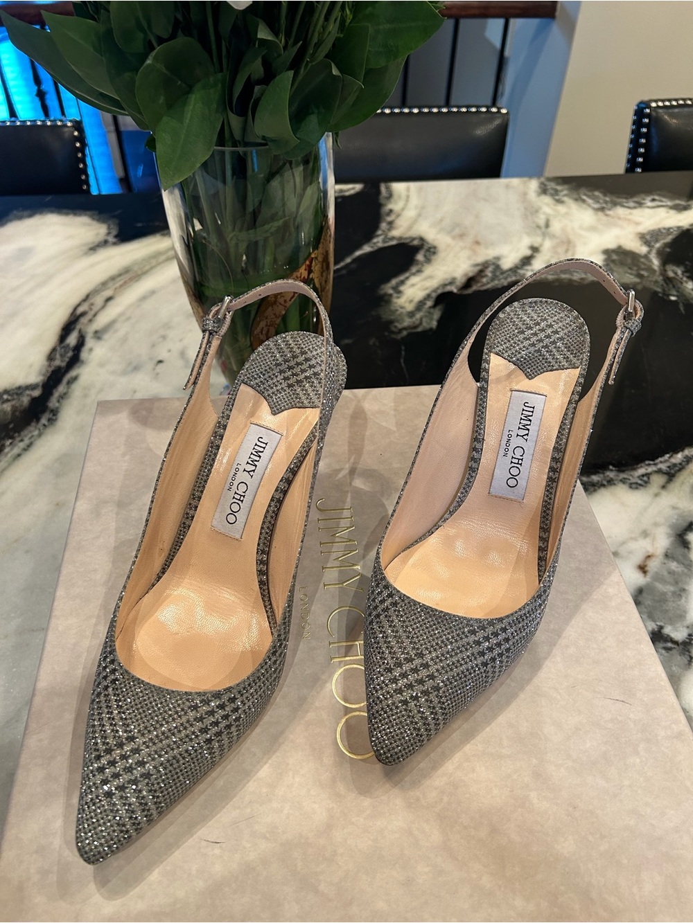 Jimmy Choo Gray Tweed Slingback Pointed-Toe Pumps